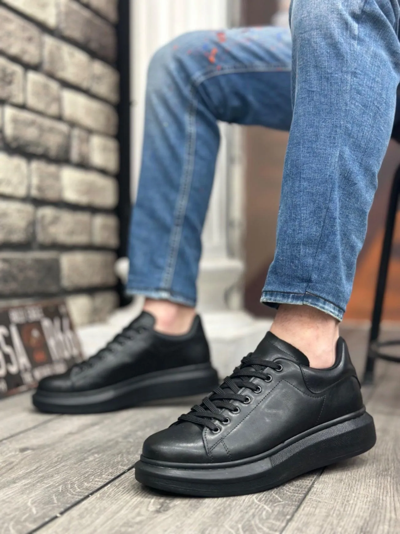 BA0547 BOA Thick High Sole Black Lace-Up Sports Men's Shoes