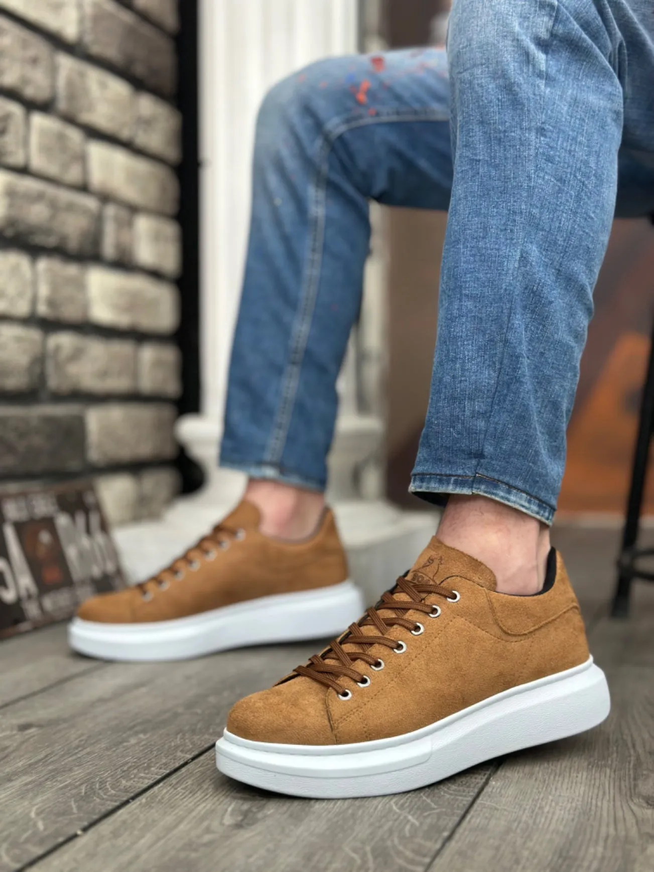 BA0547 Thick High Sole Tan Suede Lace-up Sports Men's Sneakers Shoes