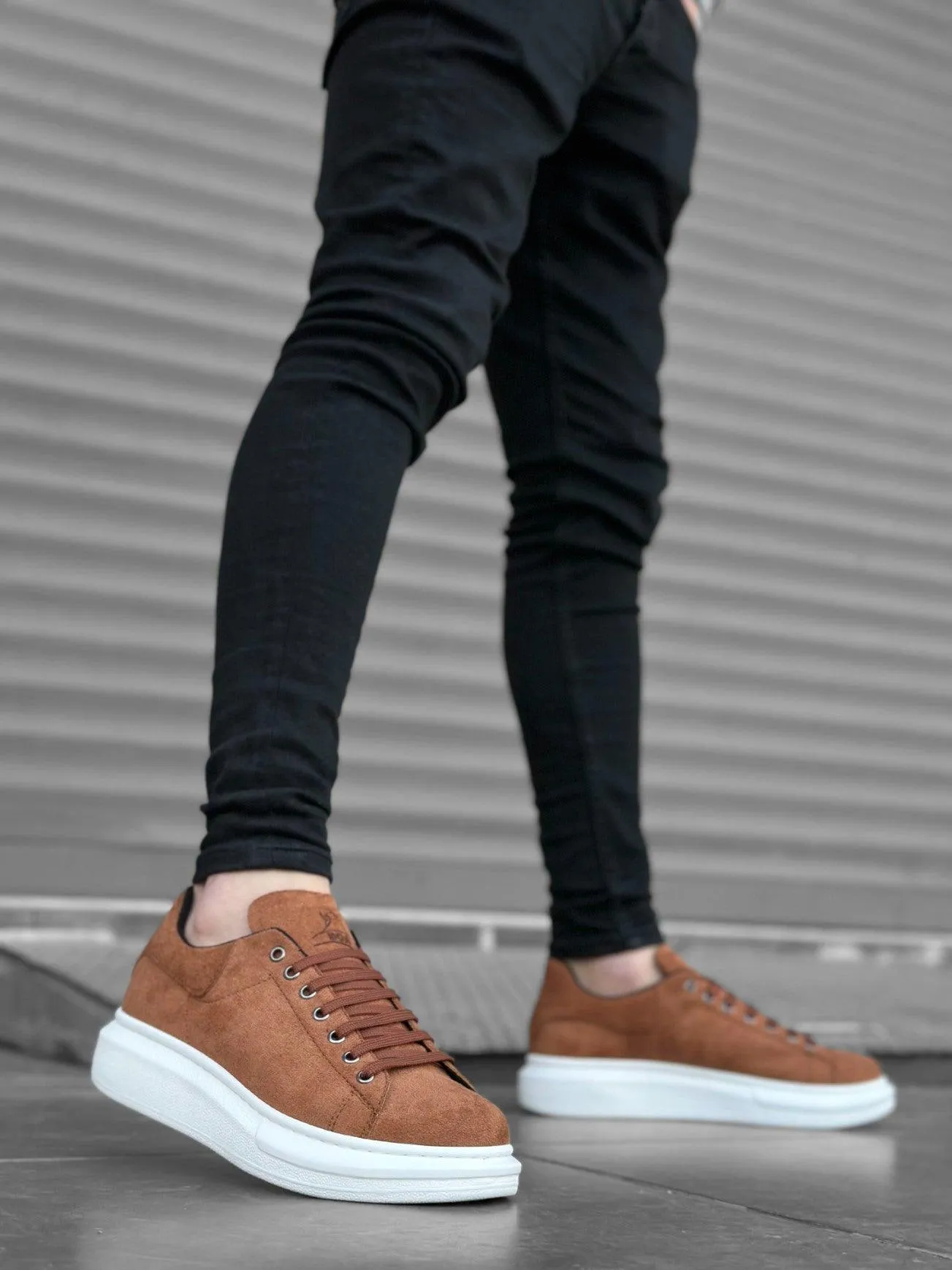 BA0547 Thick High Sole Tan Suede Lace-up Sports Men's Sneakers Shoes