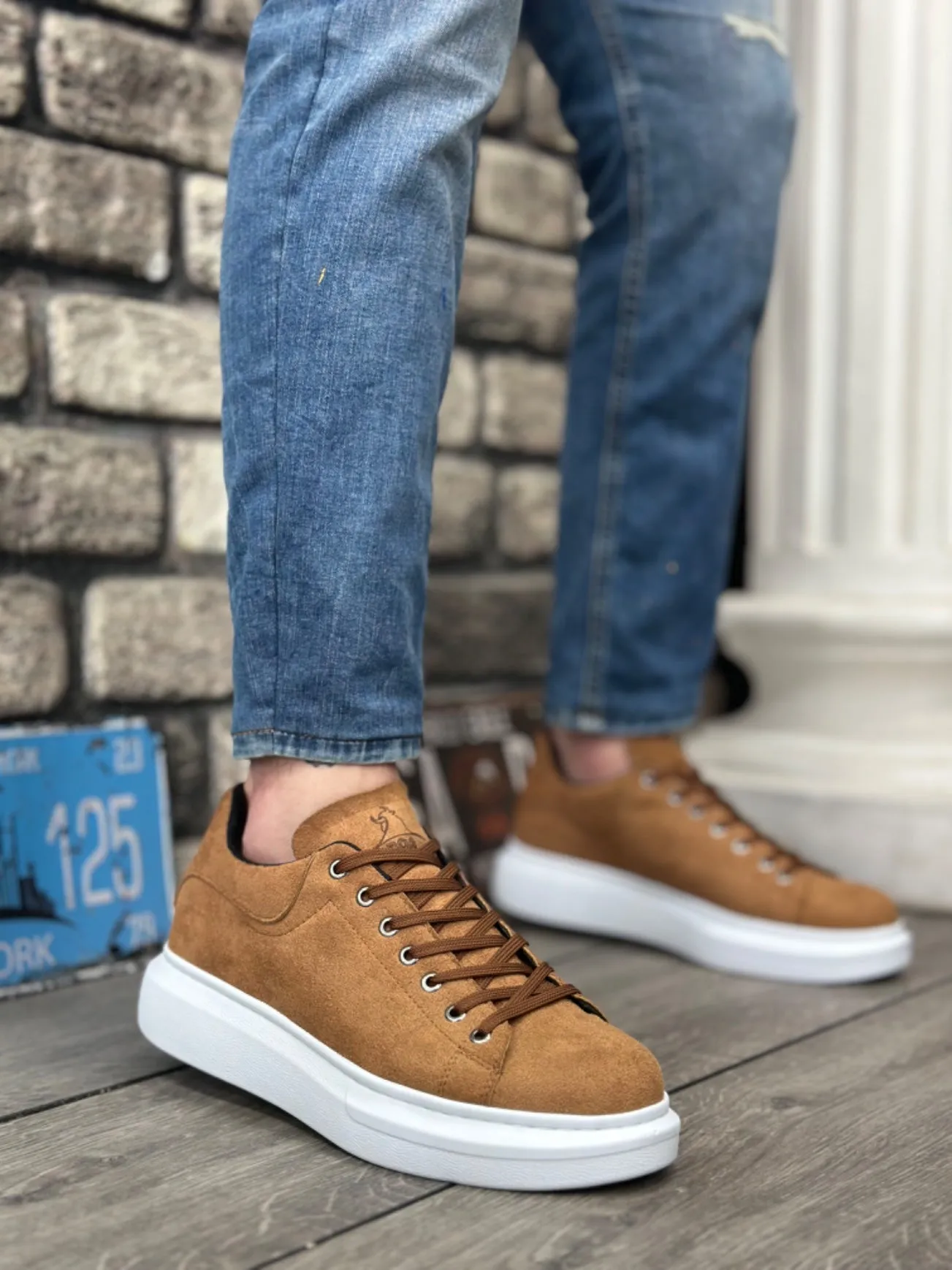BA0547 Thick High Sole Tan Suede Lace-up Sports Men's Sneakers Shoes