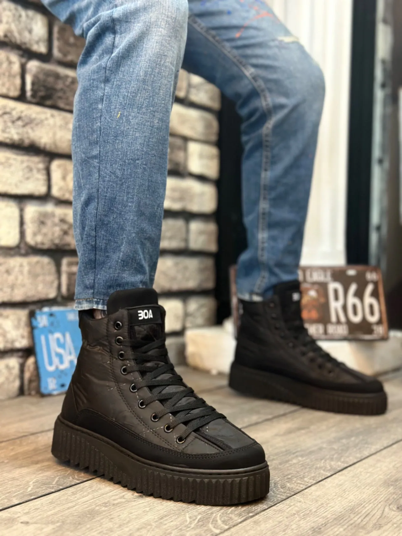 BA0811 High Black Sole Black Parachute Fabric Skin Detailed Half Ankle Sports Boots
