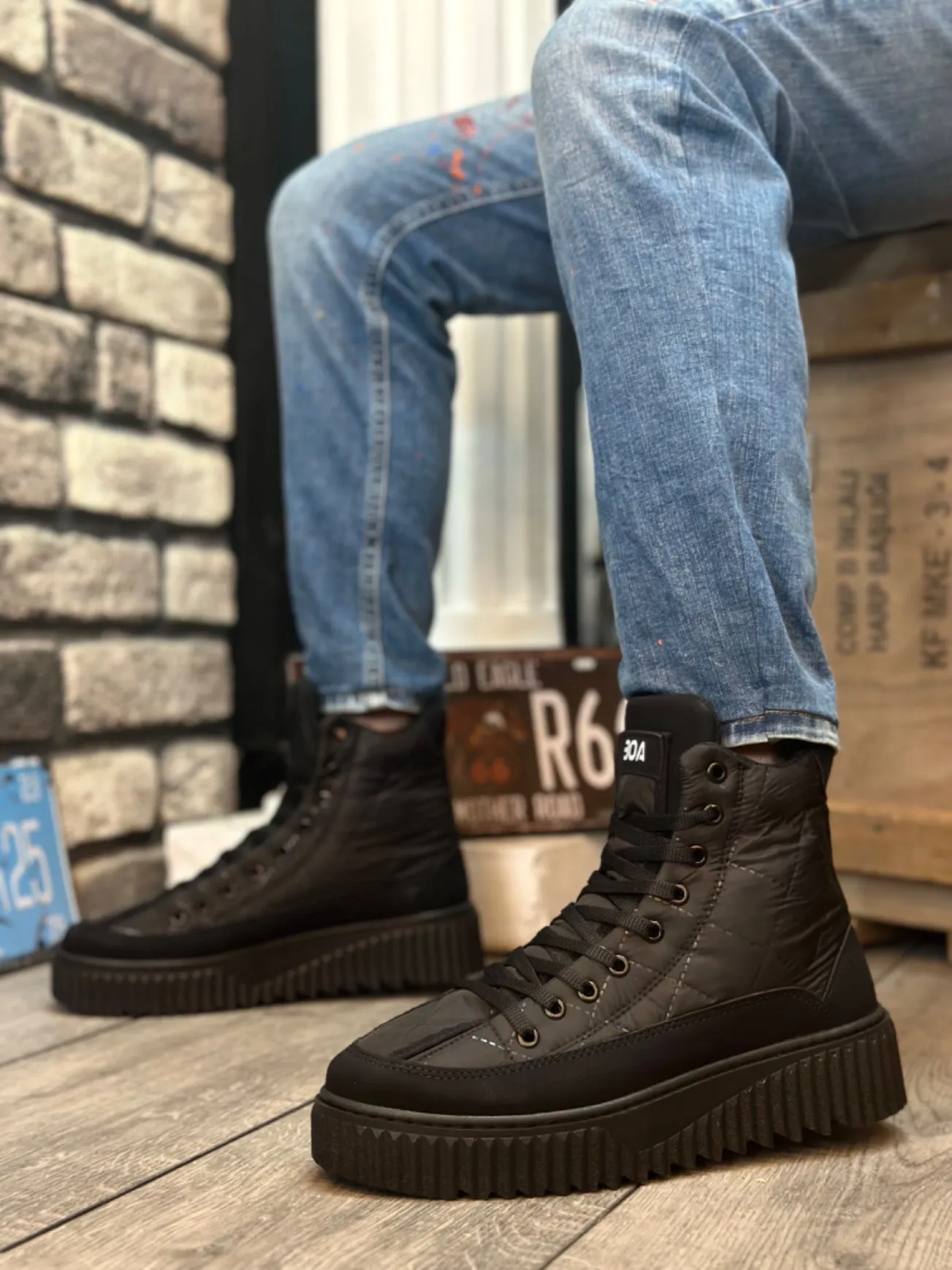 BA0811 High Black Sole Black Parachute Fabric Skin Detailed Half Ankle Sports Boots