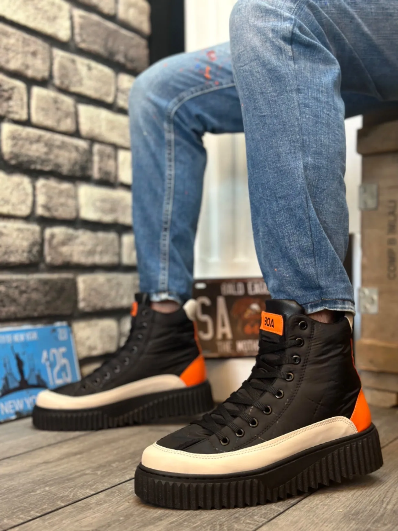 BA0811 High Black Sole Parachute Fabric Orange Skin Detailed Half Ankle Sports Boots
