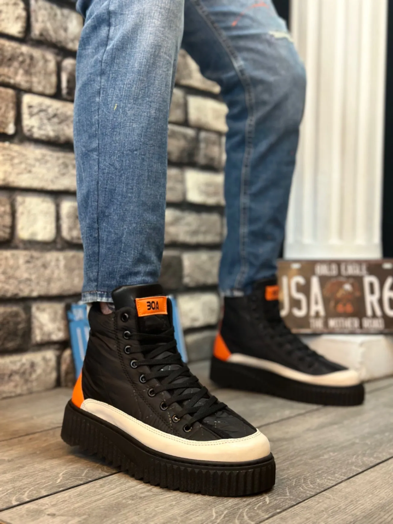 BA0811 High Black Sole Parachute Fabric Orange Skin Detailed Half Ankle Sports Boots