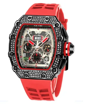 Black Red Silicone Band Watch Silver Gold Diamond Watch Hip Hop Rubber Band Bust Down Bling Iced Out Chronograph
