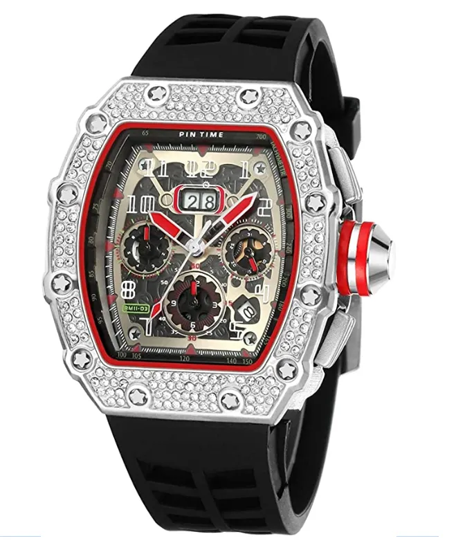 Black Red Silicone Band Watch Silver Gold Diamond Watch Hip Hop Rubber Band Bust Down Bling Iced Out Chronograph