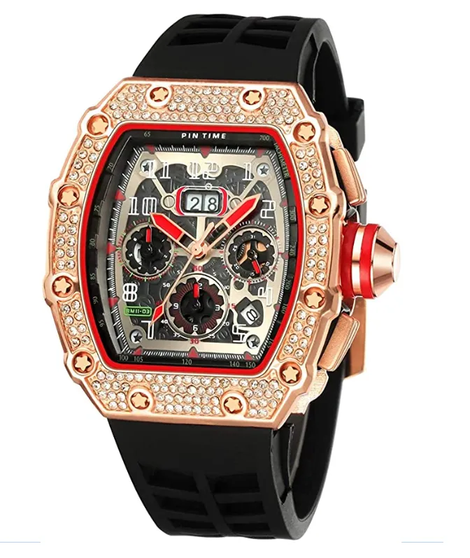 Black Red Silicone Band Watch Silver Gold Diamond Watch Hip Hop Rubber Band Bust Down Bling Iced Out Chronograph