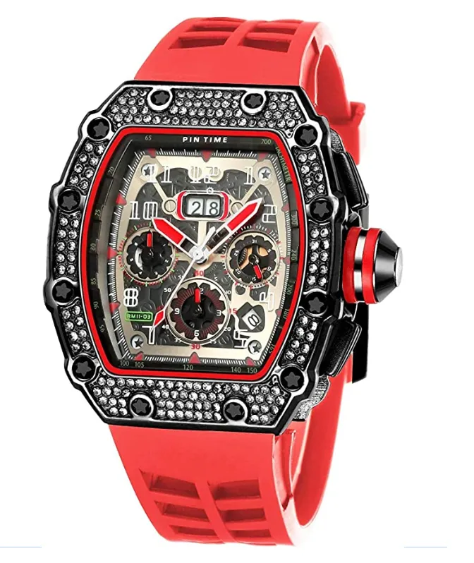 Black Red Silicone Band Watch Silver Gold Diamond Watch Hip Hop Rubber Band Bust Down Bling Iced Out Chronograph