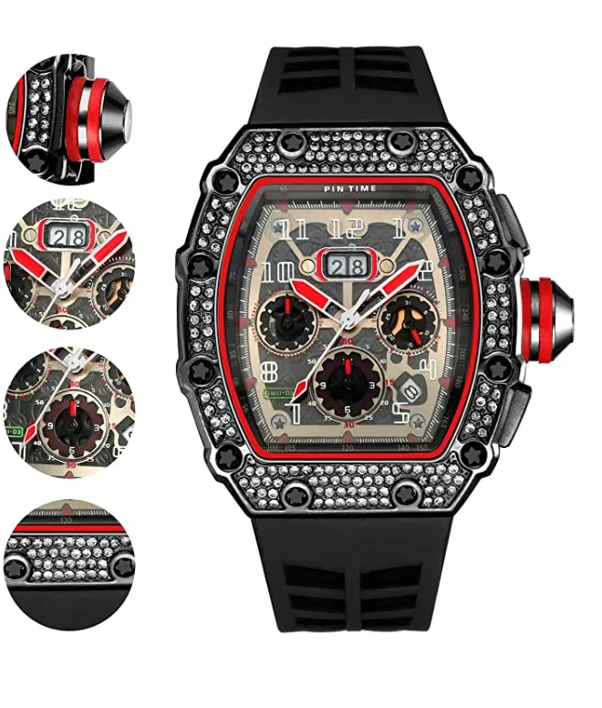 Black Red Silicone Band Watch Silver Gold Diamond Watch Hip Hop Rubber Band Bust Down Bling Iced Out Chronograph