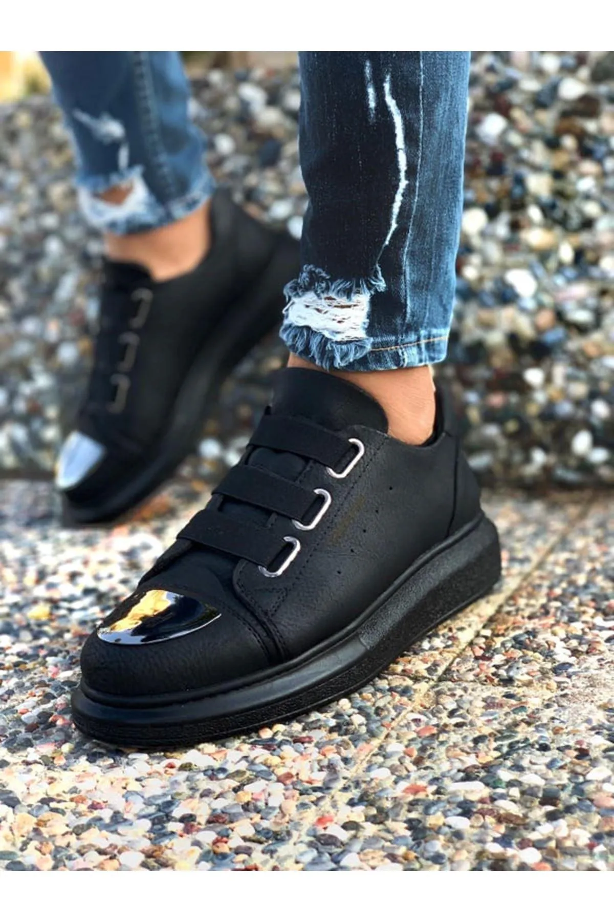 CH251 Men's Unisex Full Black-New Trend Shiny Accessory Casual Sneaker Sports Shoes
