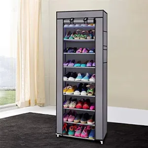 Grey 10 Tiers Shoe Rack with Dustproof Cover Closet Shoe Storage Cabinet Organizer