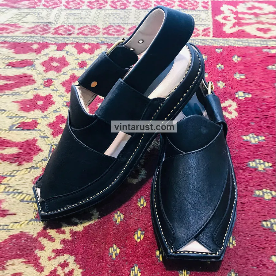 Handmade Soft Black Leather Peshawari Men's Chappal
