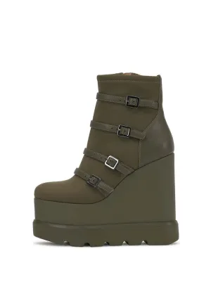 Jessica Simpson Chaela Uniform Green Multi Buckle Vamp Straps Wedge Heel Boots