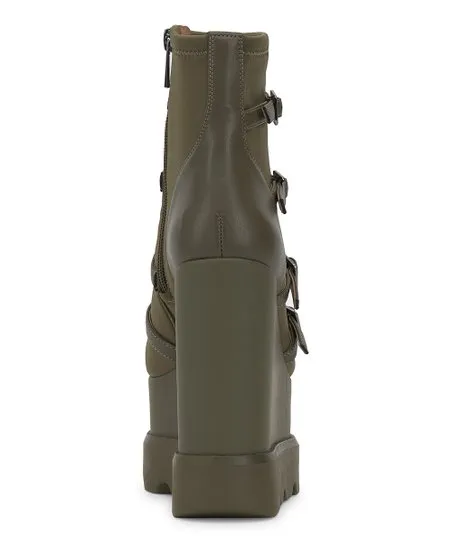 Jessica Simpson Chaela Uniform Green Multi Buckle Vamp Straps Wedge Heel Boots