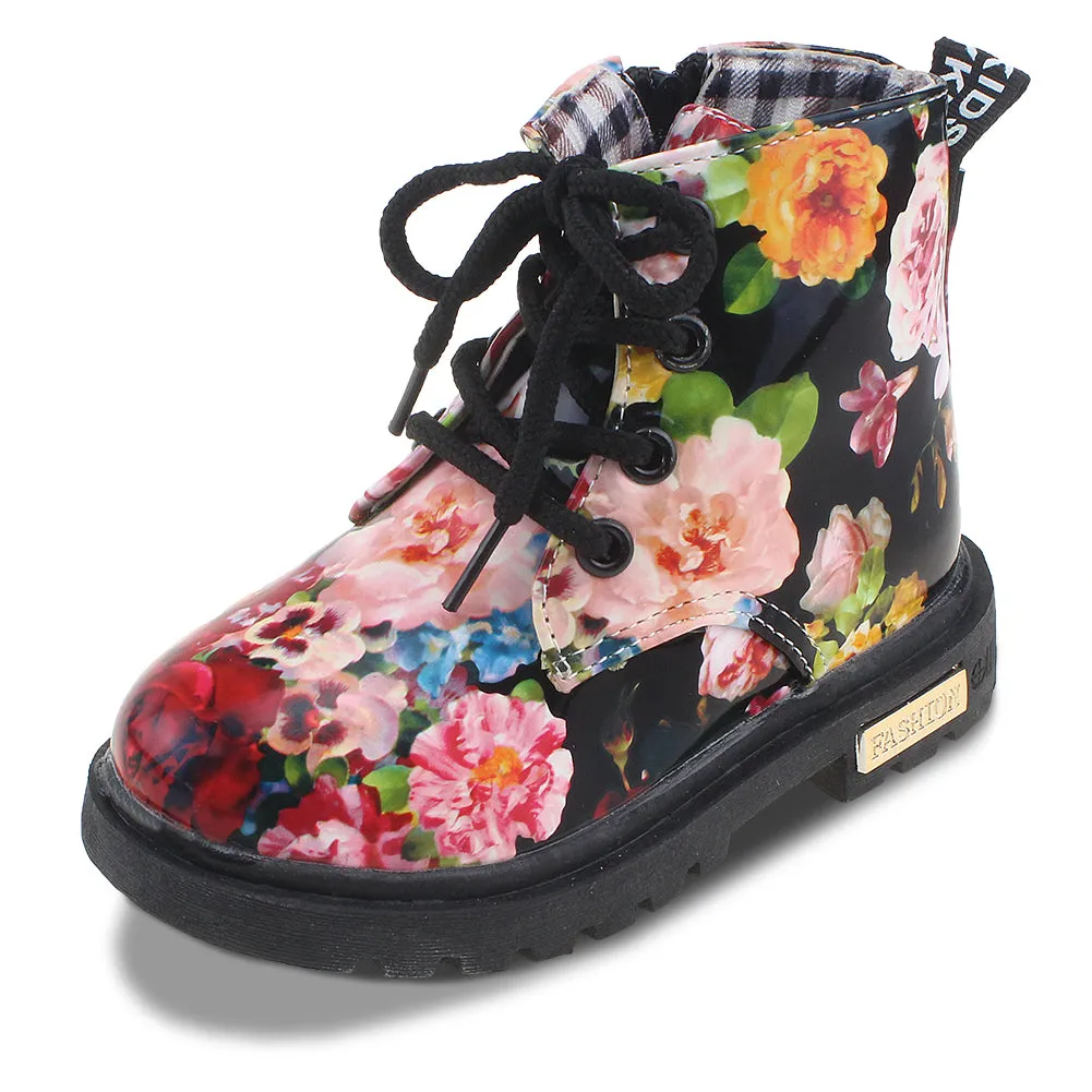 Kids Waterproof Floral Ankle Boots Zipper Walking Martin Shoes