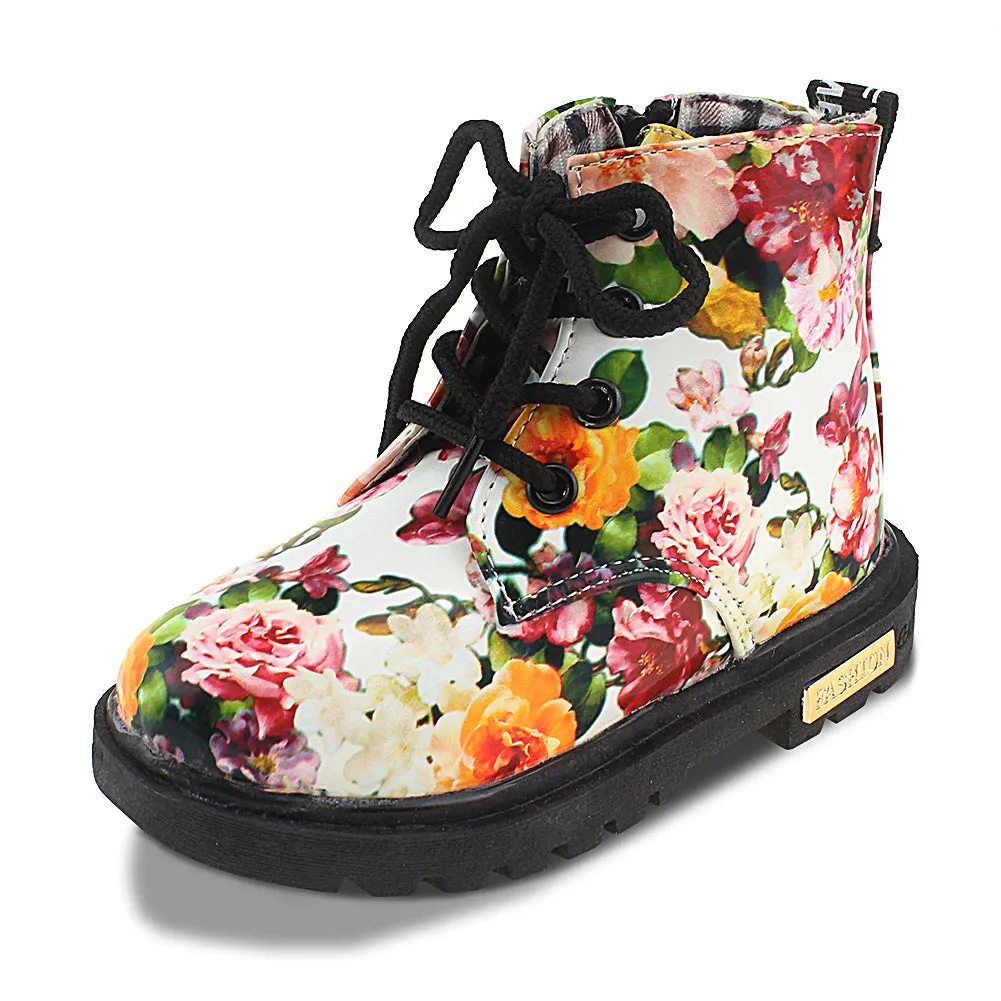 Kids Waterproof Floral Ankle Boots Zipper Walking Martin Shoes