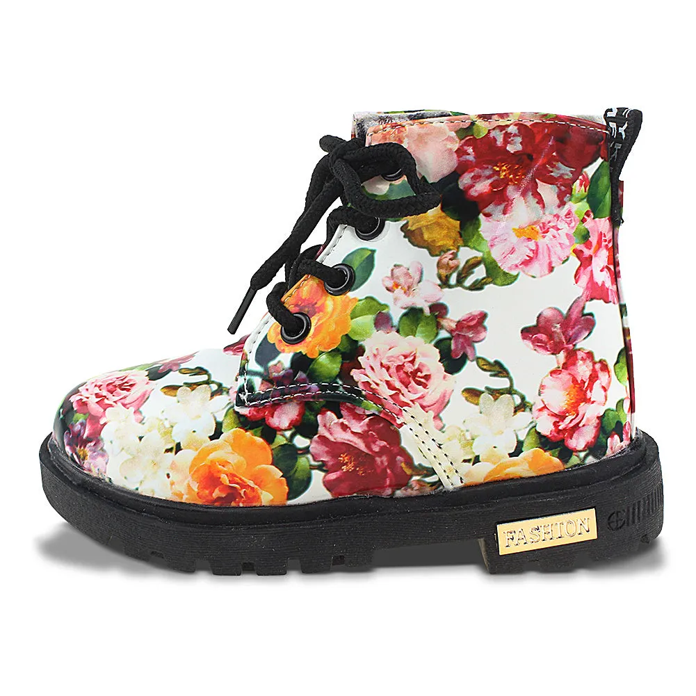 Kids Waterproof Floral Ankle Boots Zipper Walking Martin Shoes