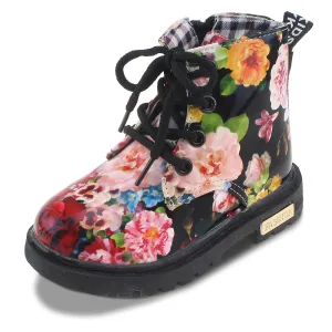 Kids Waterproof Floral Ankle Boots Zipper Walking Martin Shoes