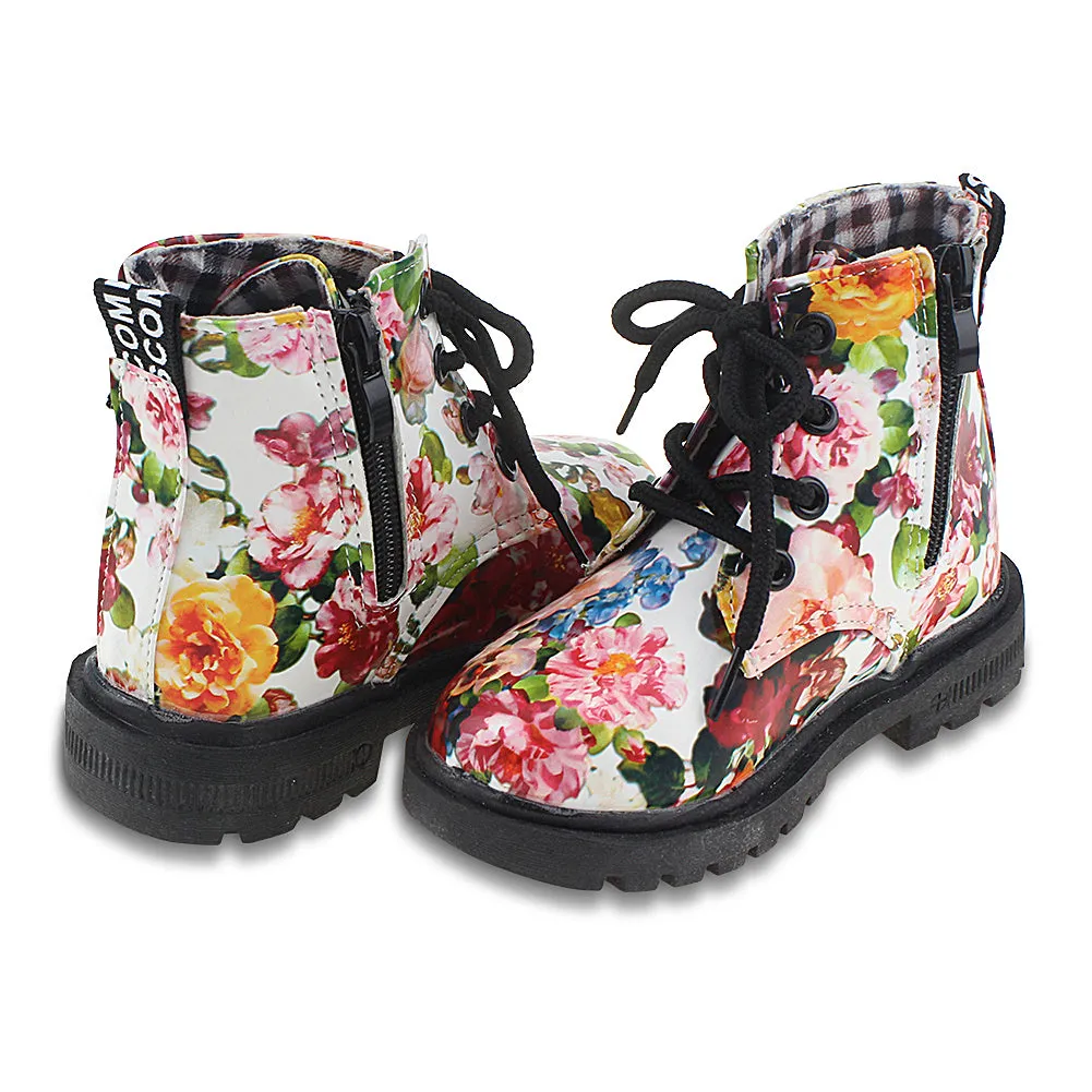 Kids Waterproof Floral Ankle Boots Zipper Walking Martin Shoes