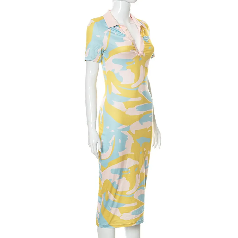Multi Print Collar Midaxi Dress
