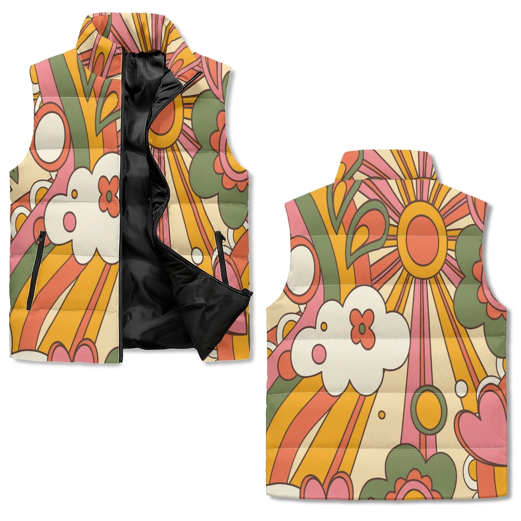 Retro Groovy Sunshine Puffer Vest, Mid Mod Hippie Floral Outerwear, 70s Boho Chic Lightweight Jacket