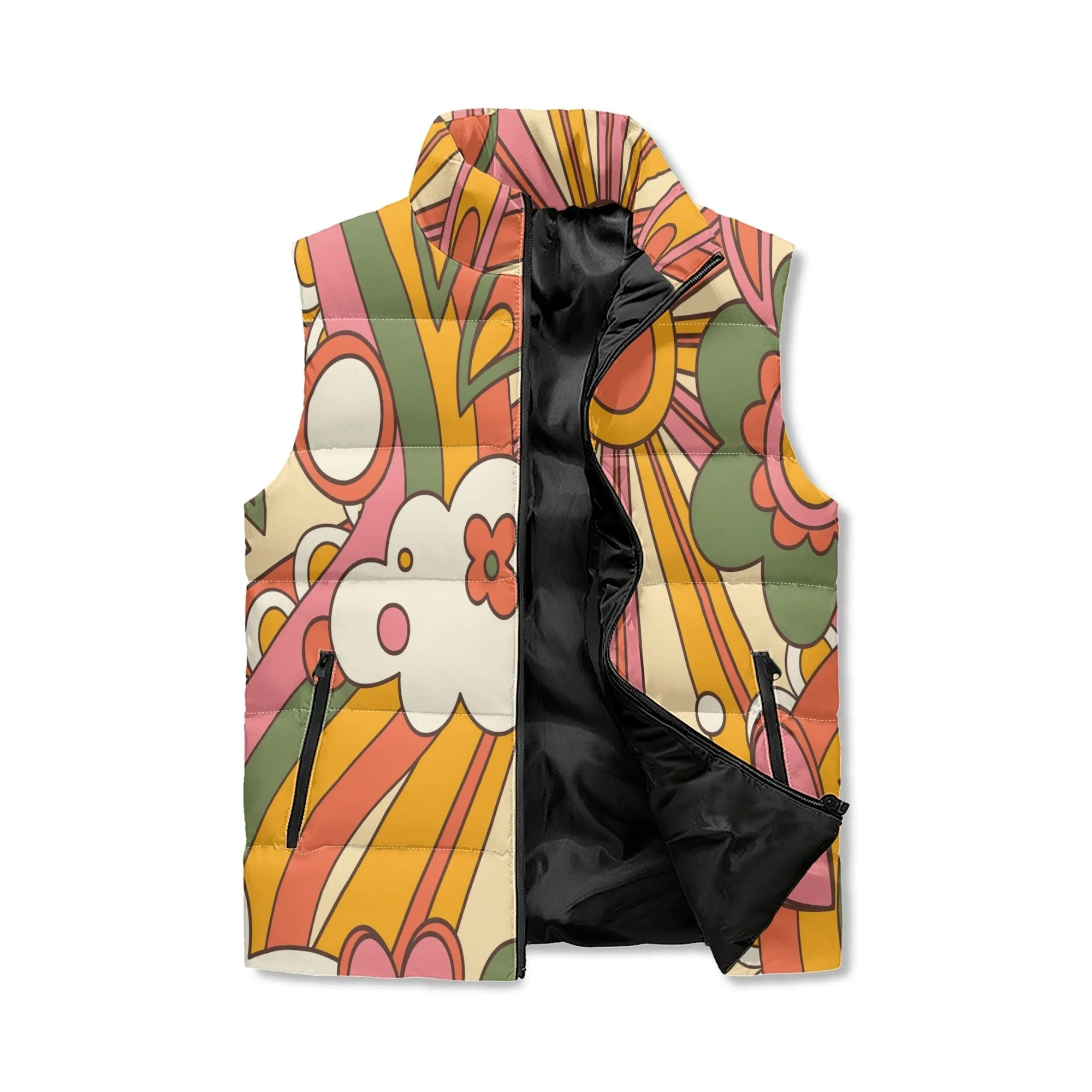 Retro Groovy Sunshine Puffer Vest, Mid Mod Hippie Floral Outerwear, 70s Boho Chic Lightweight Jacket