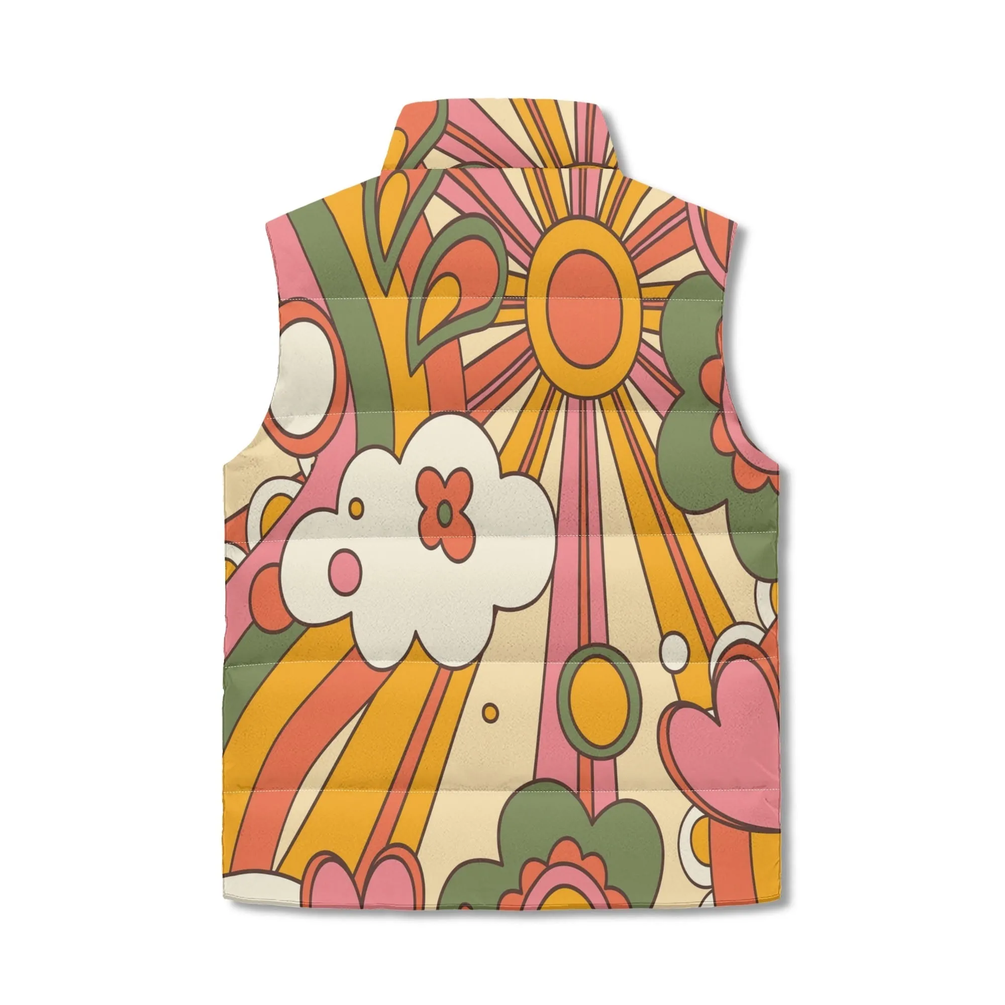 Retro Groovy Sunshine Puffer Vest, Mid Mod Hippie Floral Outerwear, 70s Boho Chic Lightweight Jacket