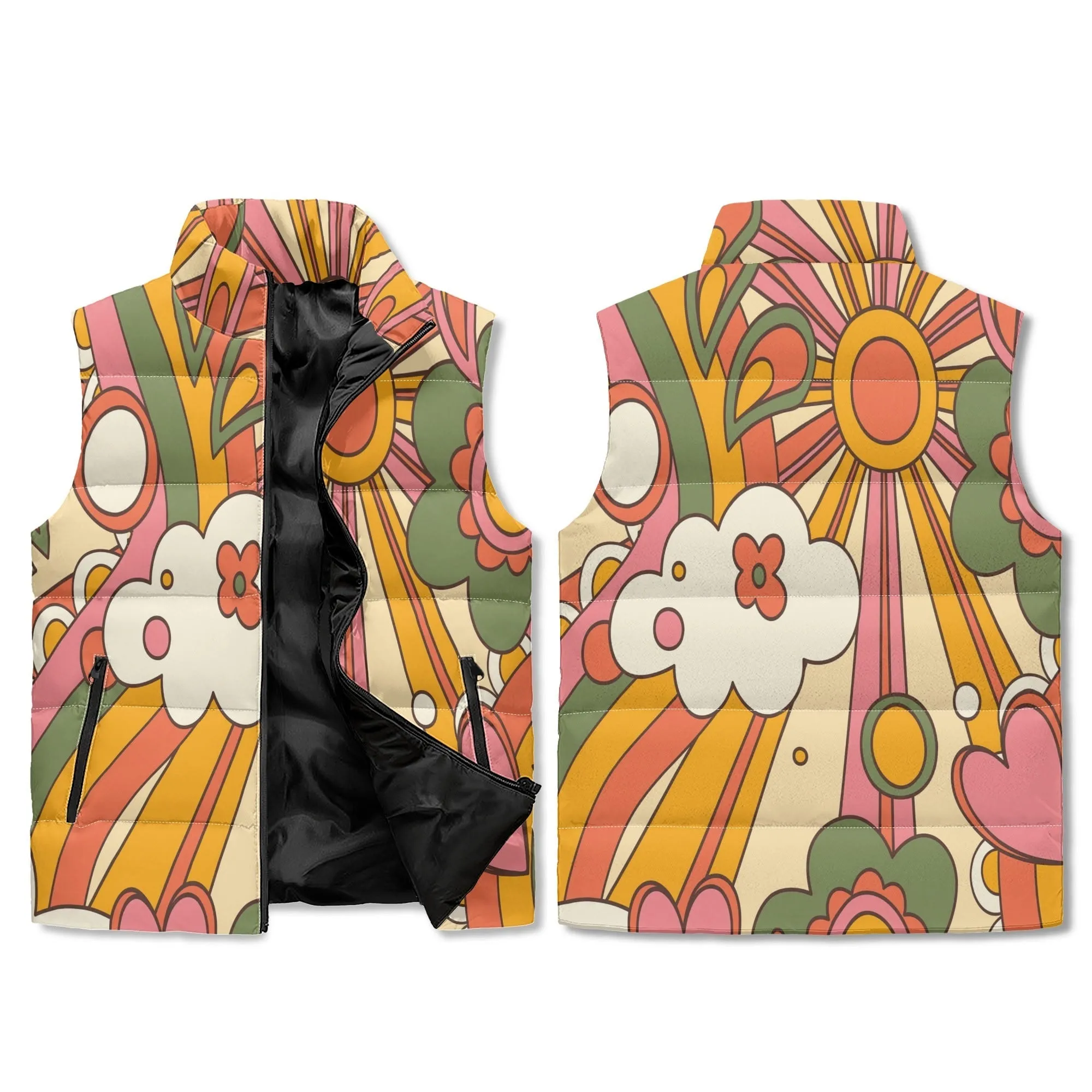 Retro Groovy Sunshine Puffer Vest, Mid Mod Hippie Floral Outerwear, 70s Boho Chic Lightweight Jacket