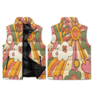 Retro Groovy Sunshine Puffer Vest, Mid Mod Hippie Floral Outerwear, 70s Boho Chic Lightweight Jacket