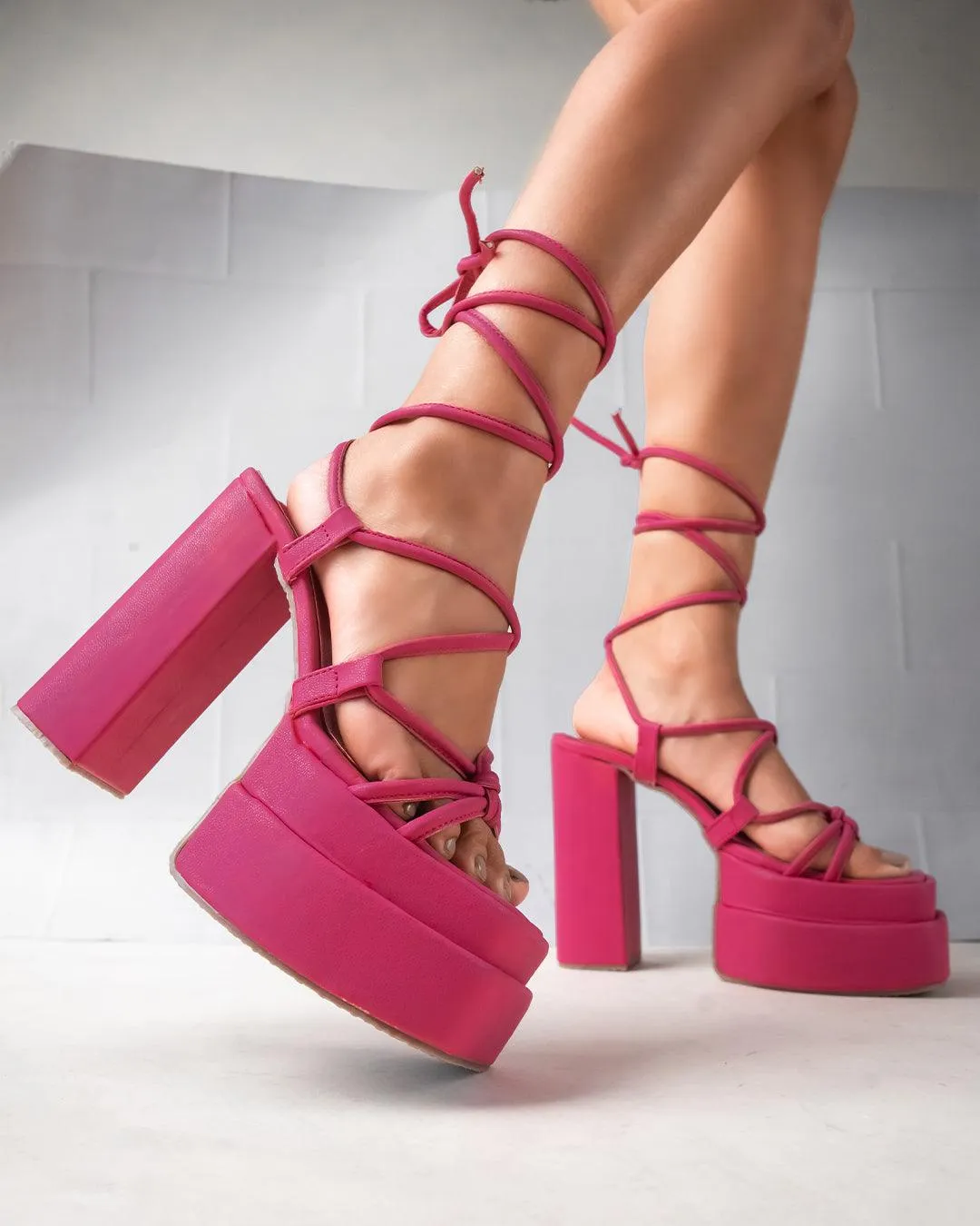 Summer Trending Pink Lace Up Platform Heels Footwear