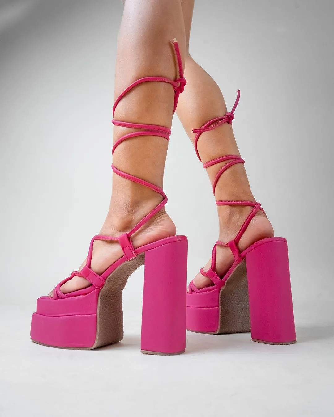 Summer Trending Pink Lace Up Platform Heels Footwear
