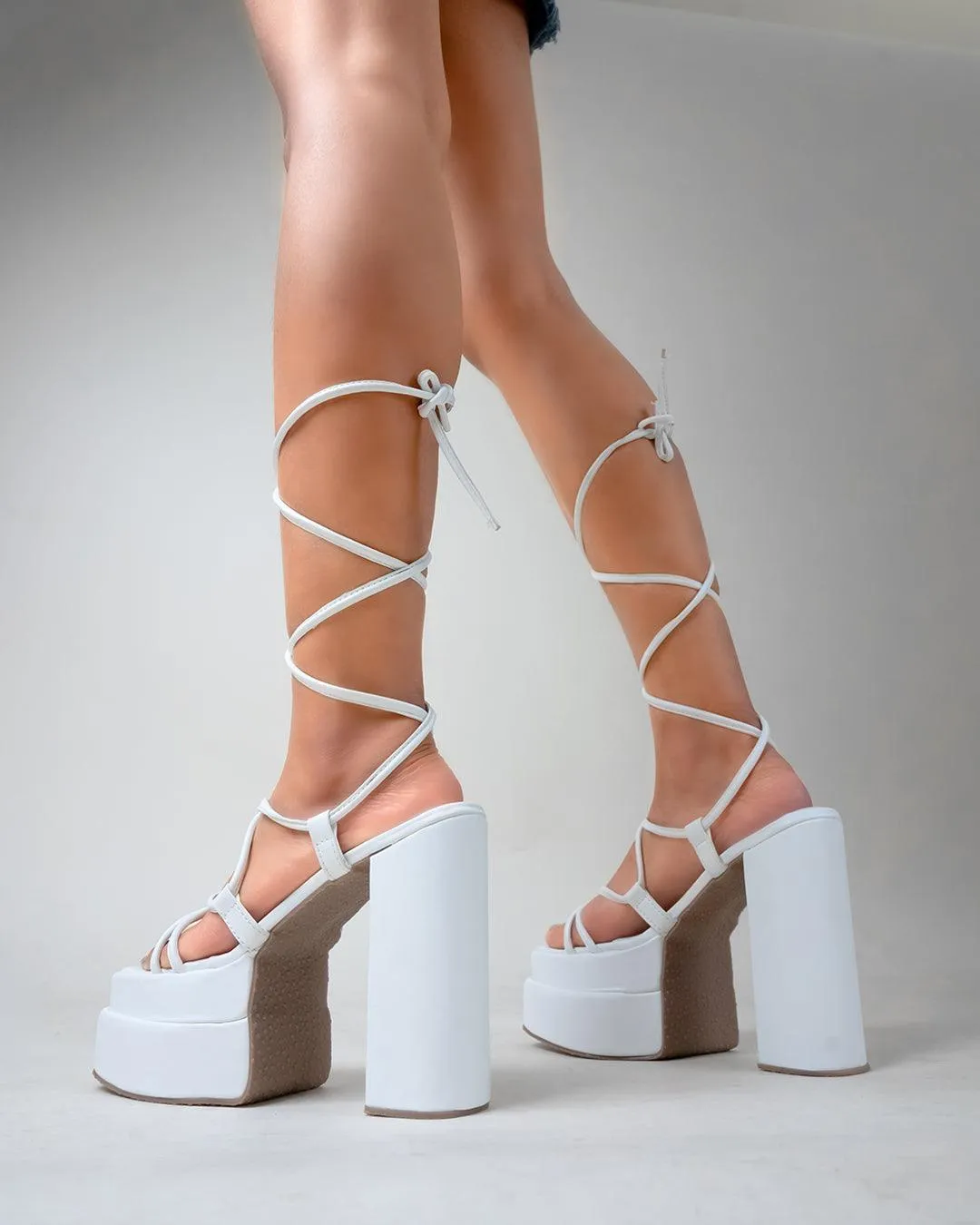 Summer Trending White Lace Up Platform Heels Footwear
