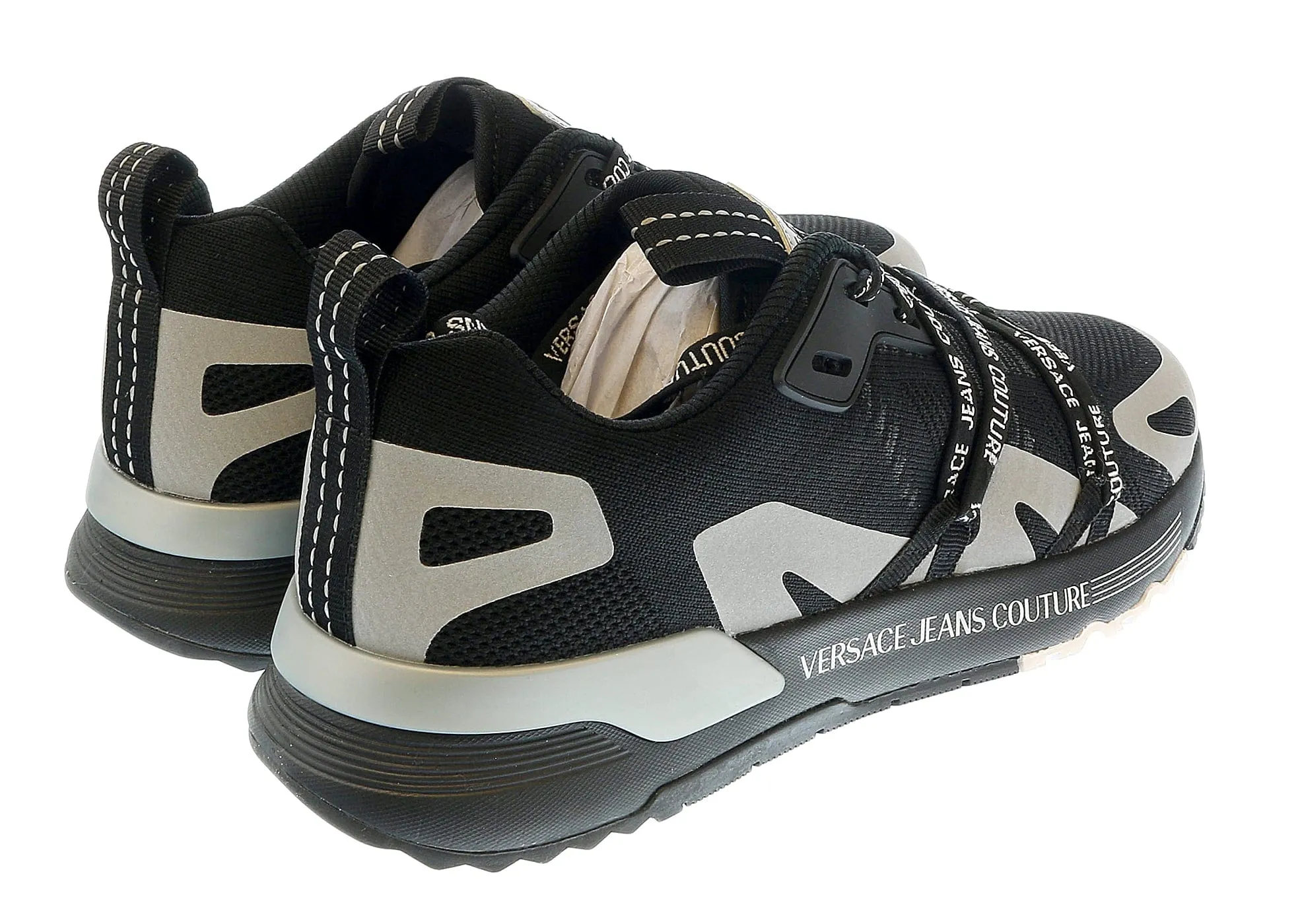 Versace Jeans Couture Black Metallic Grey Lace Up Fashion Athletic Sneakers-