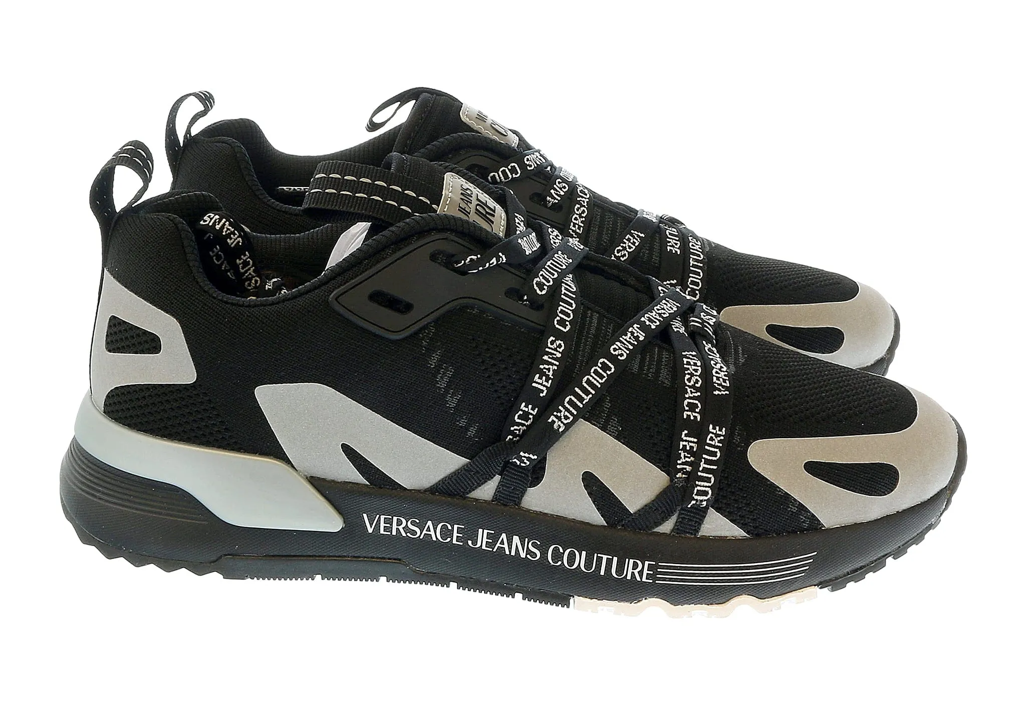 Versace Jeans Couture Black Metallic Grey Lace Up Fashion Athletic Sneakers-