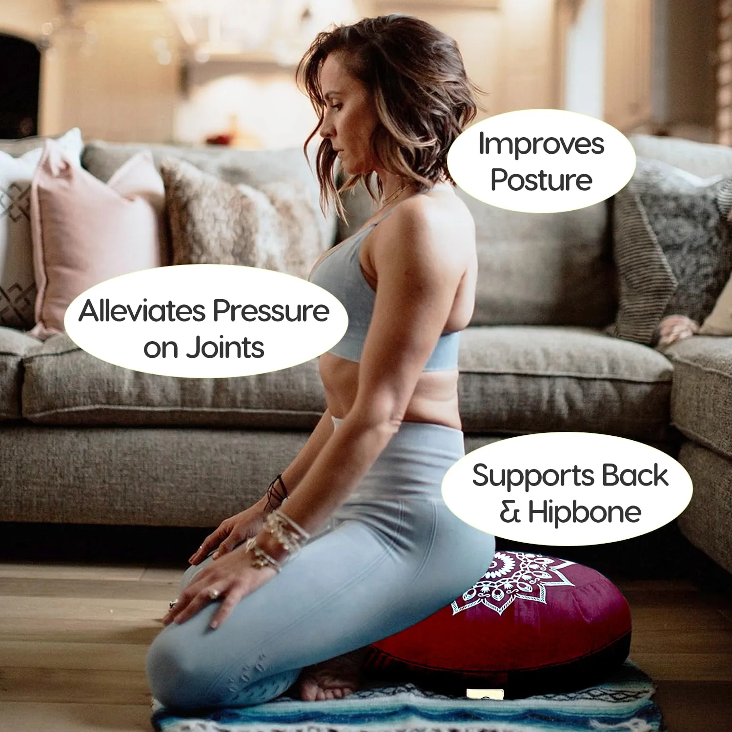 WiseLife Premium Cotton Yoga Meditation Cushion Round Floor Pillow with Carrying Handle | 100% Organic Cotton Washable and Removable Cushion Cover | For Yoga, Relaxation (Red)